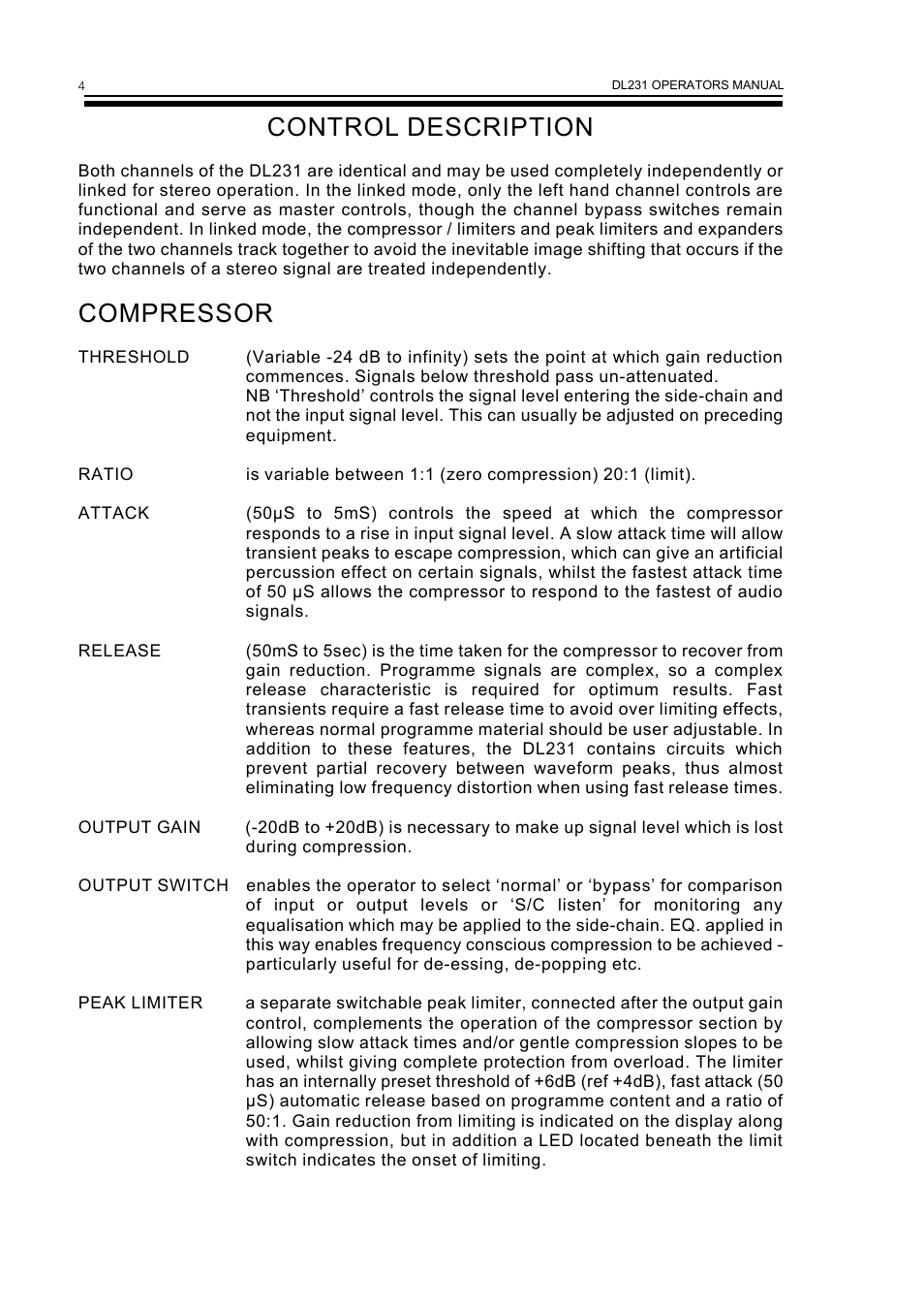 Control description, Compressor | Drawmer DL231 Dual Expander/Compressor User Manual | Page 6 / 10