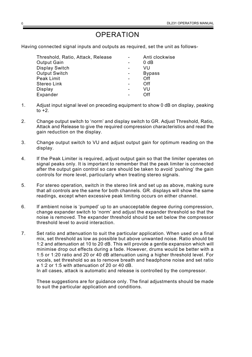 Operation | Drawmer DL231 Dual Expander/Compressor User Manual | Page 8 / 10