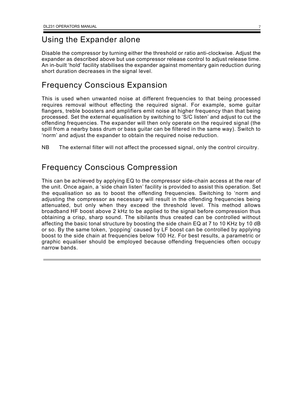 Using the expander alone, Frequency conscious expansion, Frequency conscious compression | Drawmer DL231 Dual Expander/Compressor User Manual | Page 9 / 10