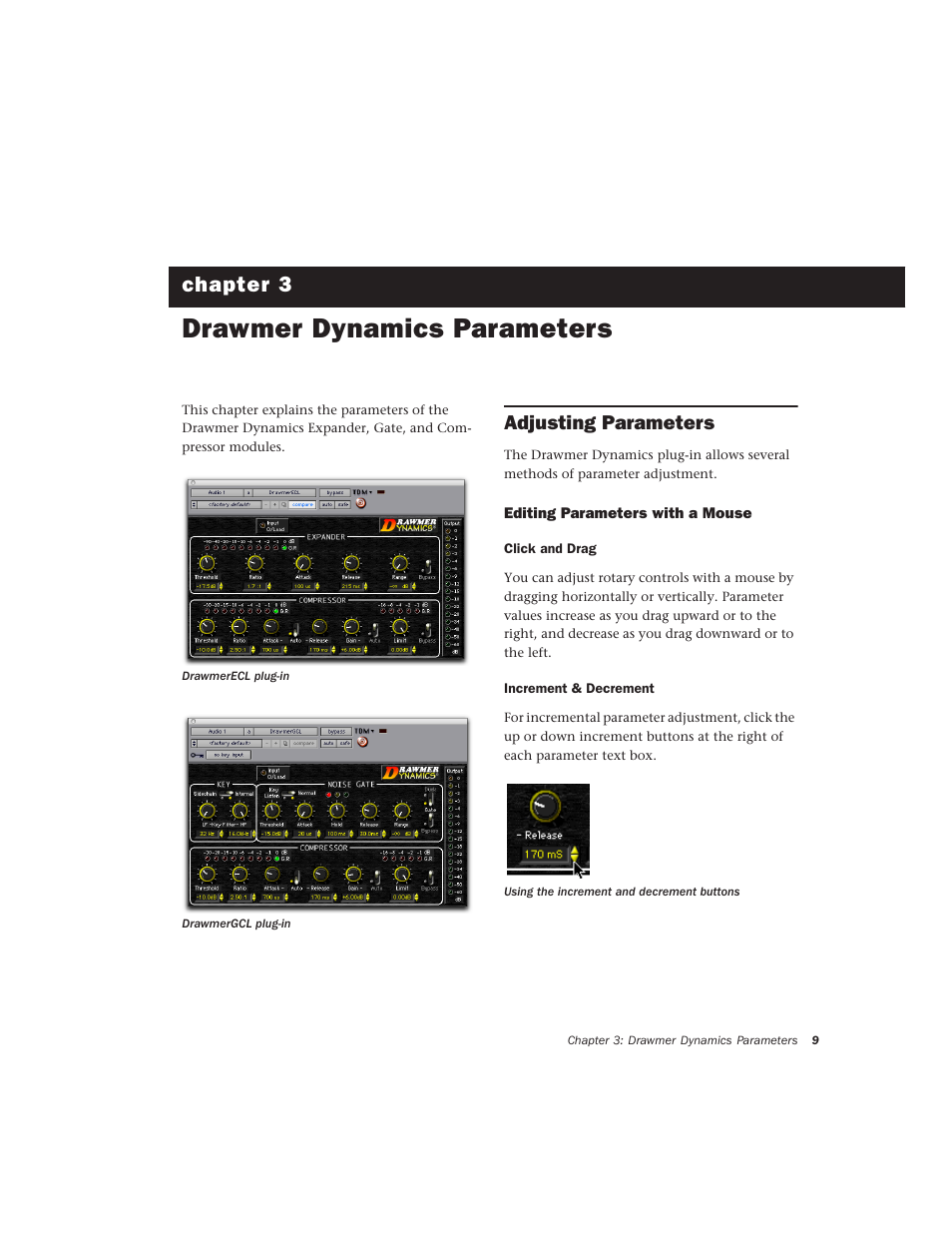 Drawmer dynamics parameters, Adjusting parameters, Editing parameters with a mouse | Chapter 3. drawmer dynamics parameters, Chapter 3 | Drawmer Drawmer Dynamics for Pro Tools User Manual | Page 13 / 39