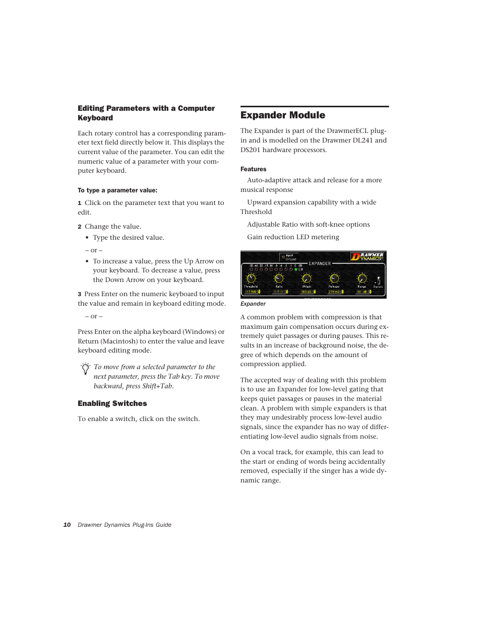 Editing parameters with a computer keyboard, Enabling switches, Expander module | Drawmer Drawmer Dynamics for Pro Tools User Manual | Page 14 / 39
