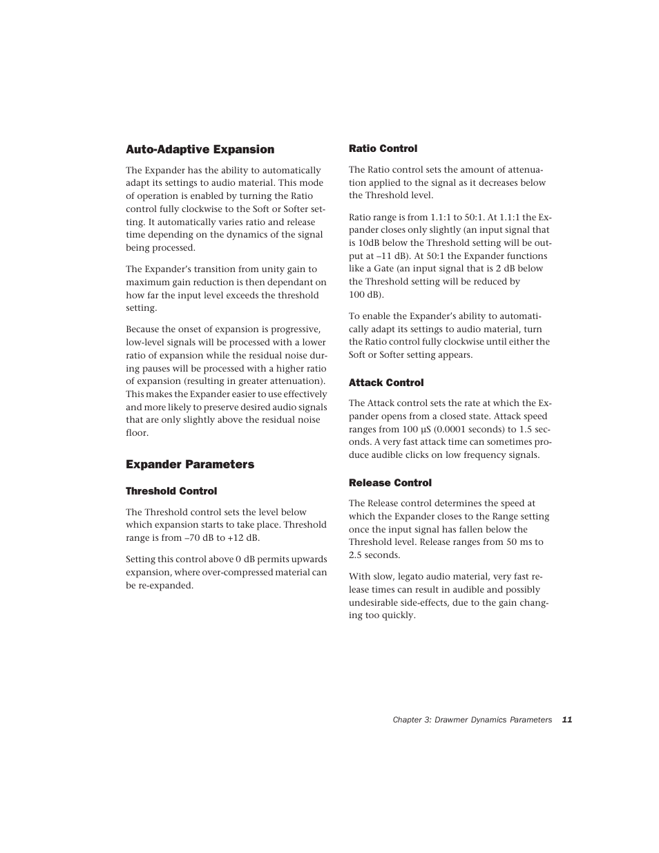 Auto-adaptive expansion, Expander parameters, Threshold control | Ratio control, Attack control, Release control | Drawmer Drawmer Dynamics for Pro Tools User Manual | Page 15 / 39