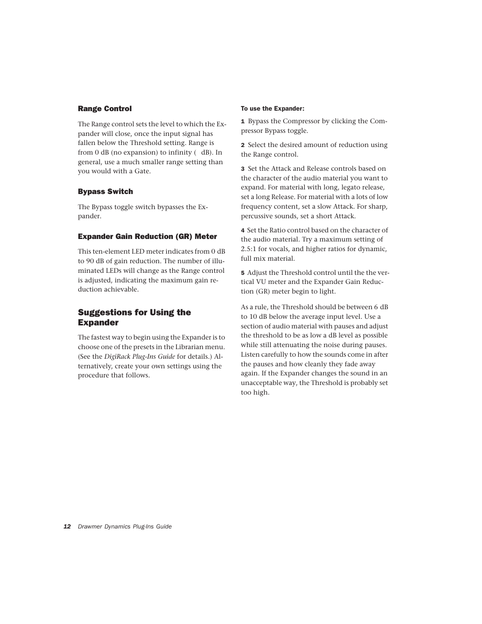 Range control, Bypass switch, Expander gain reduction (gr) meter | Suggestions for using the expander | Drawmer Drawmer Dynamics for Pro Tools User Manual | Page 16 / 39