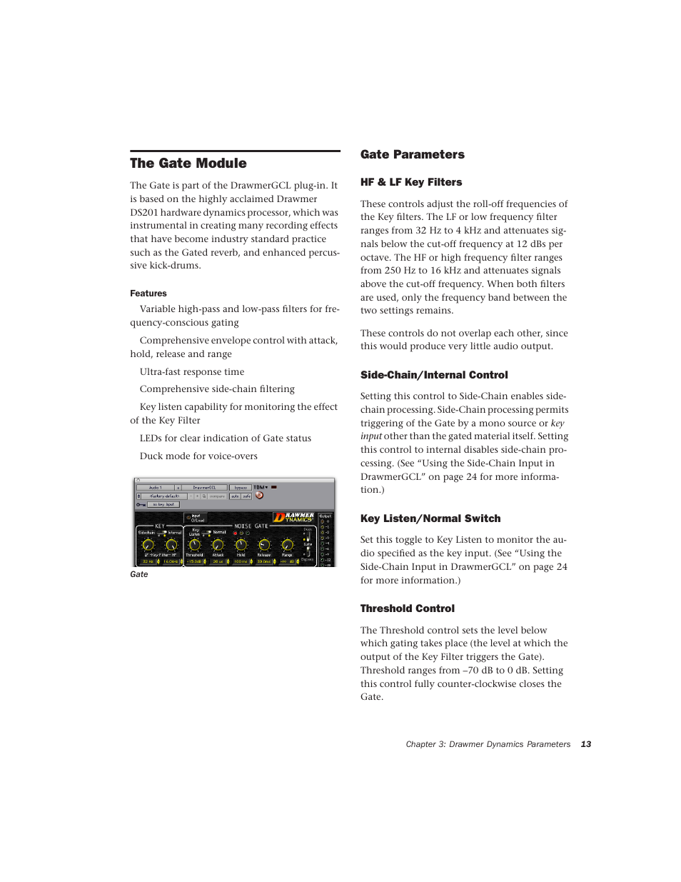 The gate module, Gate parameters, Hf & lf key filters | Side-chain/internal control, Key listen/normal switch, Threshold control | Drawmer Drawmer Dynamics for Pro Tools User Manual | Page 17 / 39