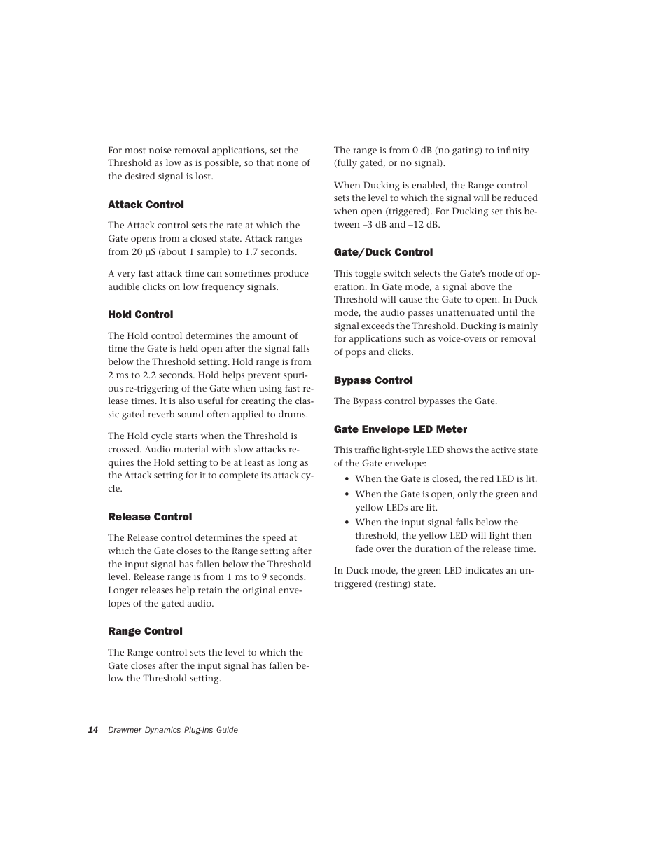 Attack control, Hold control, Release control | Range control, Gate/duck control, Bypass control, Gate envelope led meter | Drawmer Drawmer Dynamics for Pro Tools User Manual | Page 18 / 39