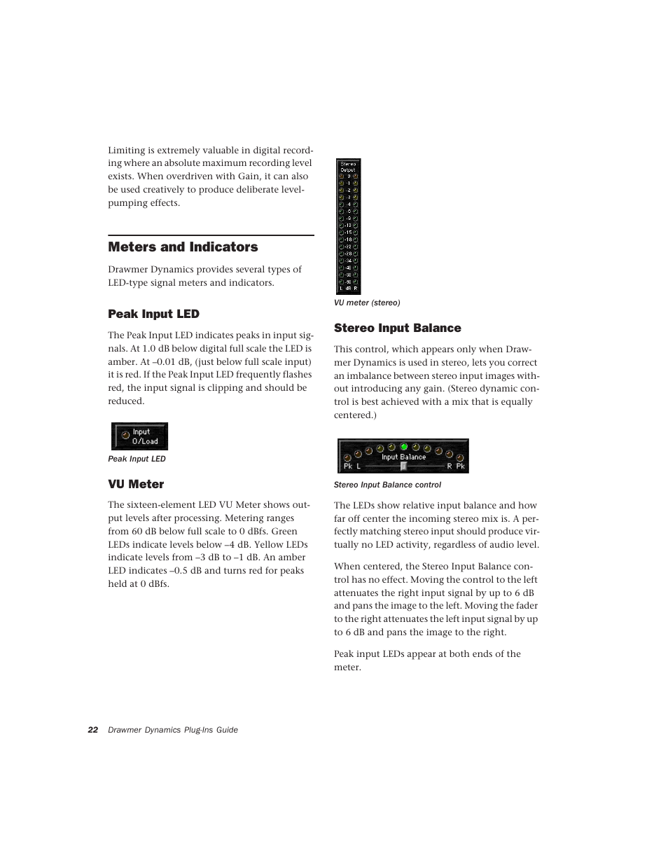 Meters and indicators, Peak input led, Vu meter | Stereo input balance | Drawmer Drawmer Dynamics for Pro Tools User Manual | Page 26 / 39