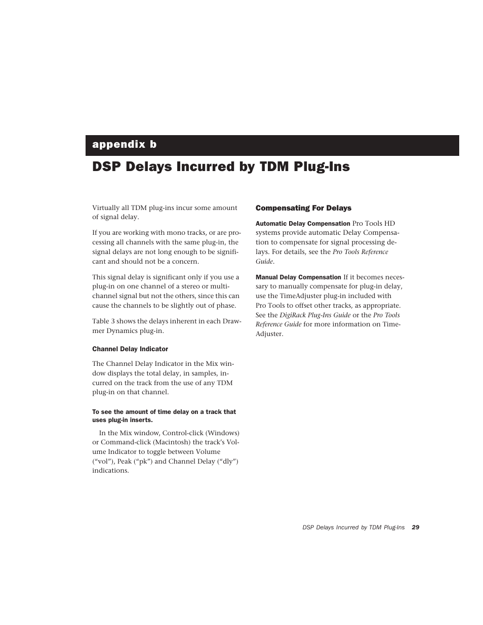 Dsp delays incurred by tdm plug-ins, Compensating for delays, Appendix b. dsp delays incurred by tdm plug-ins | Appendix b | Drawmer Drawmer Dynamics for Pro Tools User Manual | Page 33 / 39