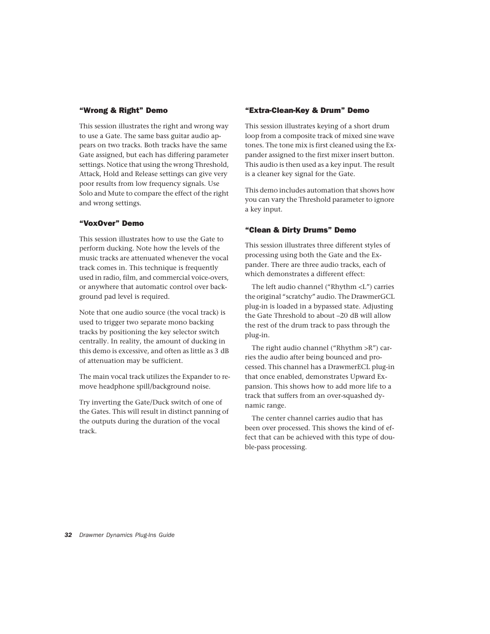 Wrong & right” demo, Voxover” demo, Extra-clean-key & drum” demo | Clean & dirty drums” demo | Drawmer Drawmer Dynamics for Pro Tools User Manual | Page 36 / 39