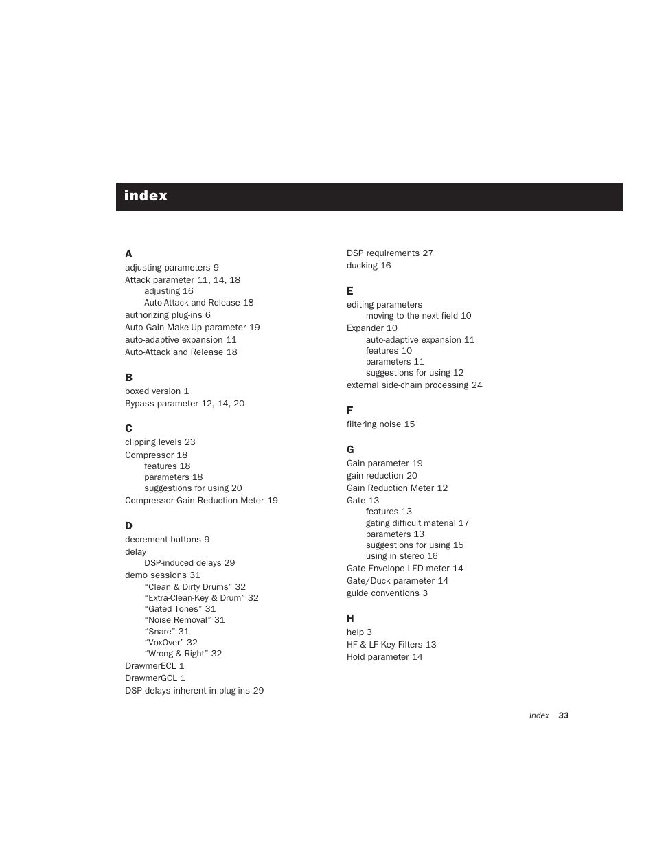 Index | Drawmer Drawmer Dynamics for Pro Tools User Manual | Page 37 / 39