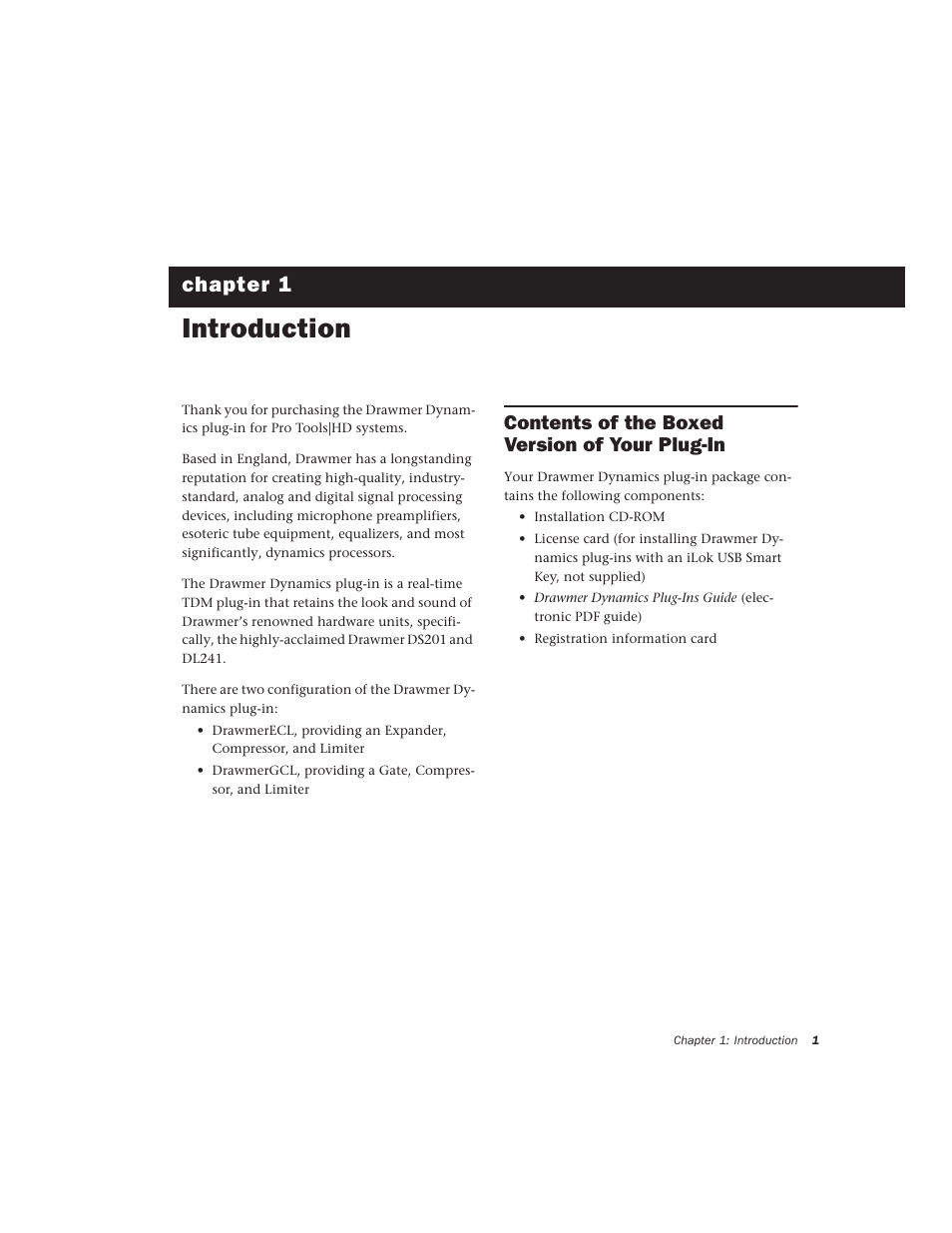 Introduction, Contents of the boxed version of your plug-in, Chapter 1. introduction | Chapter 1 | Drawmer Drawmer Dynamics for Pro Tools User Manual | Page 5 / 39