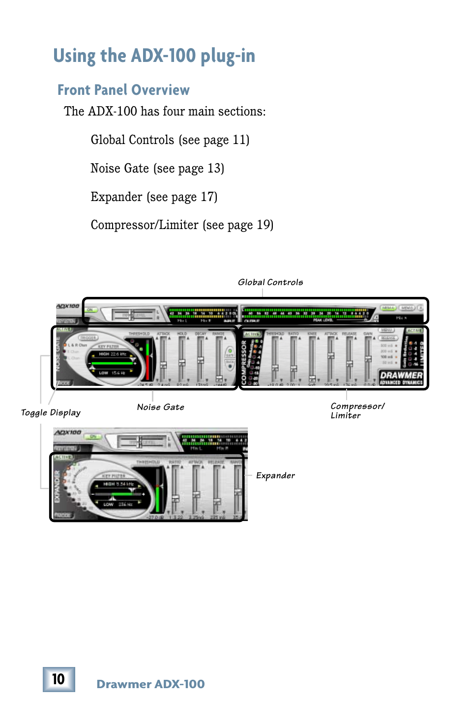 Using the adx-100 plug-in, Front panel overview | Drawmer Advanced Dynamics for Mackie D8B User Manual | Page 10 / 32