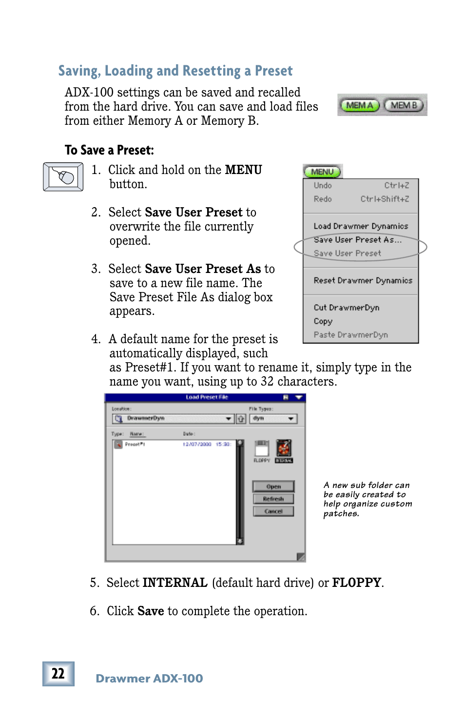 Saving, loading and resetting a preset | Drawmer Advanced Dynamics for Mackie D8B User Manual | Page 22 / 32