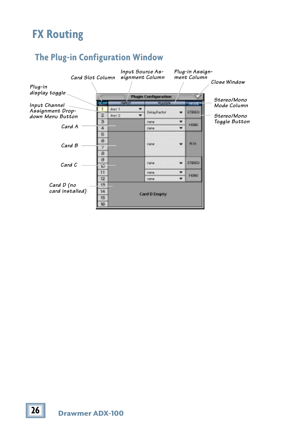 Fx routing, The plug-in configuration window | Drawmer Advanced Dynamics for Mackie D8B User Manual | Page 26 / 32