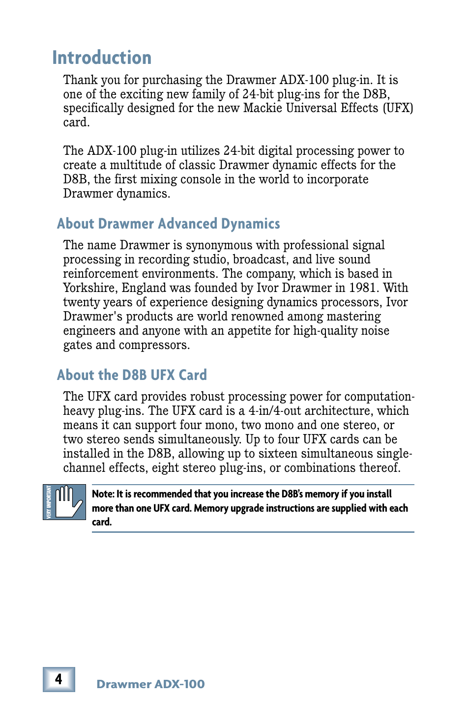 Introduction, About drawmer advanced dynamics, About the d8b ufx card | Drawmer Advanced Dynamics for Mackie D8B User Manual | Page 4 / 32
