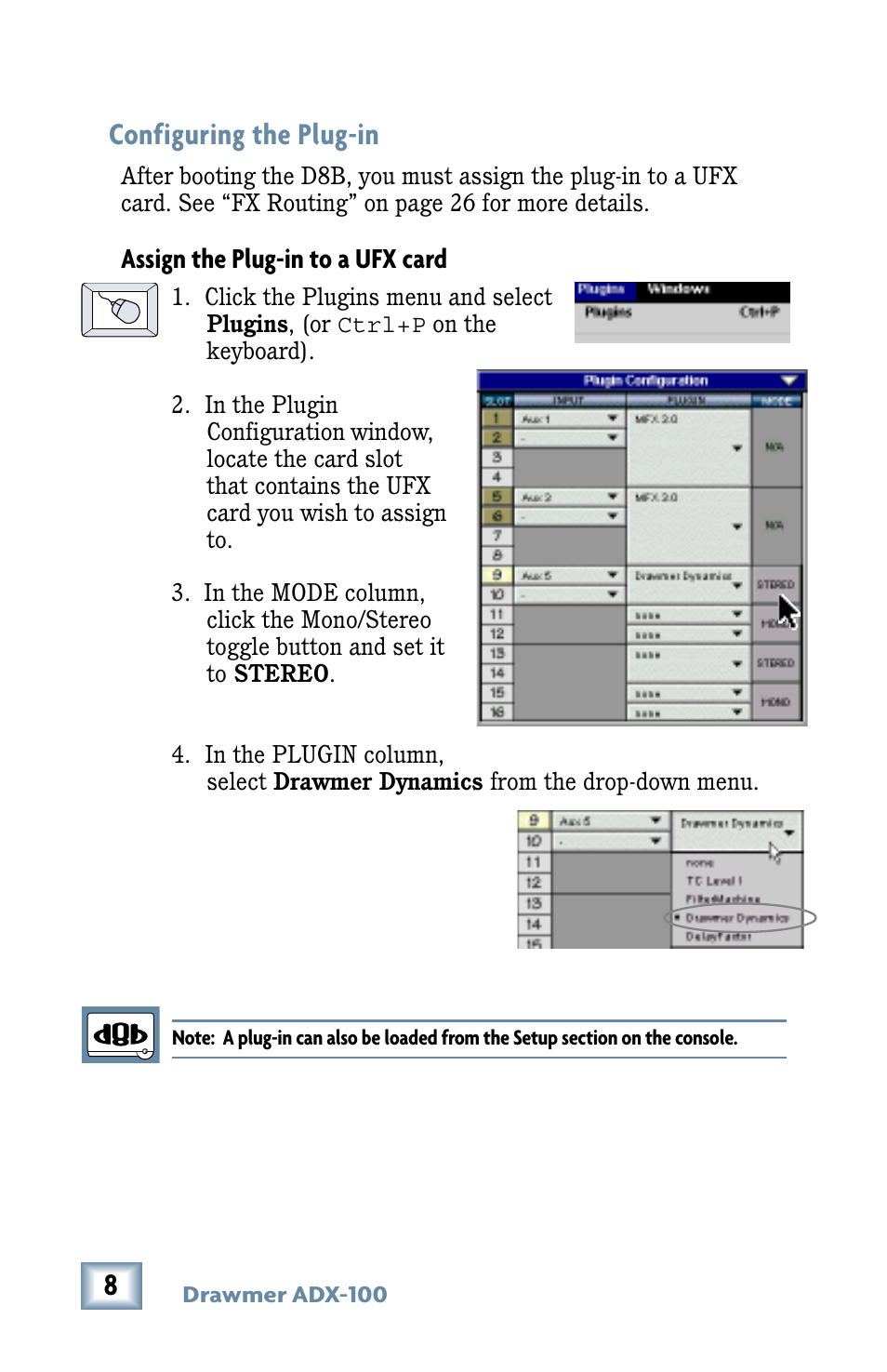 Configuring the plug-in, Assign the plug-in to a ufx card | Drawmer Advanced Dynamics for Mackie D8B User Manual | Page 8 / 32