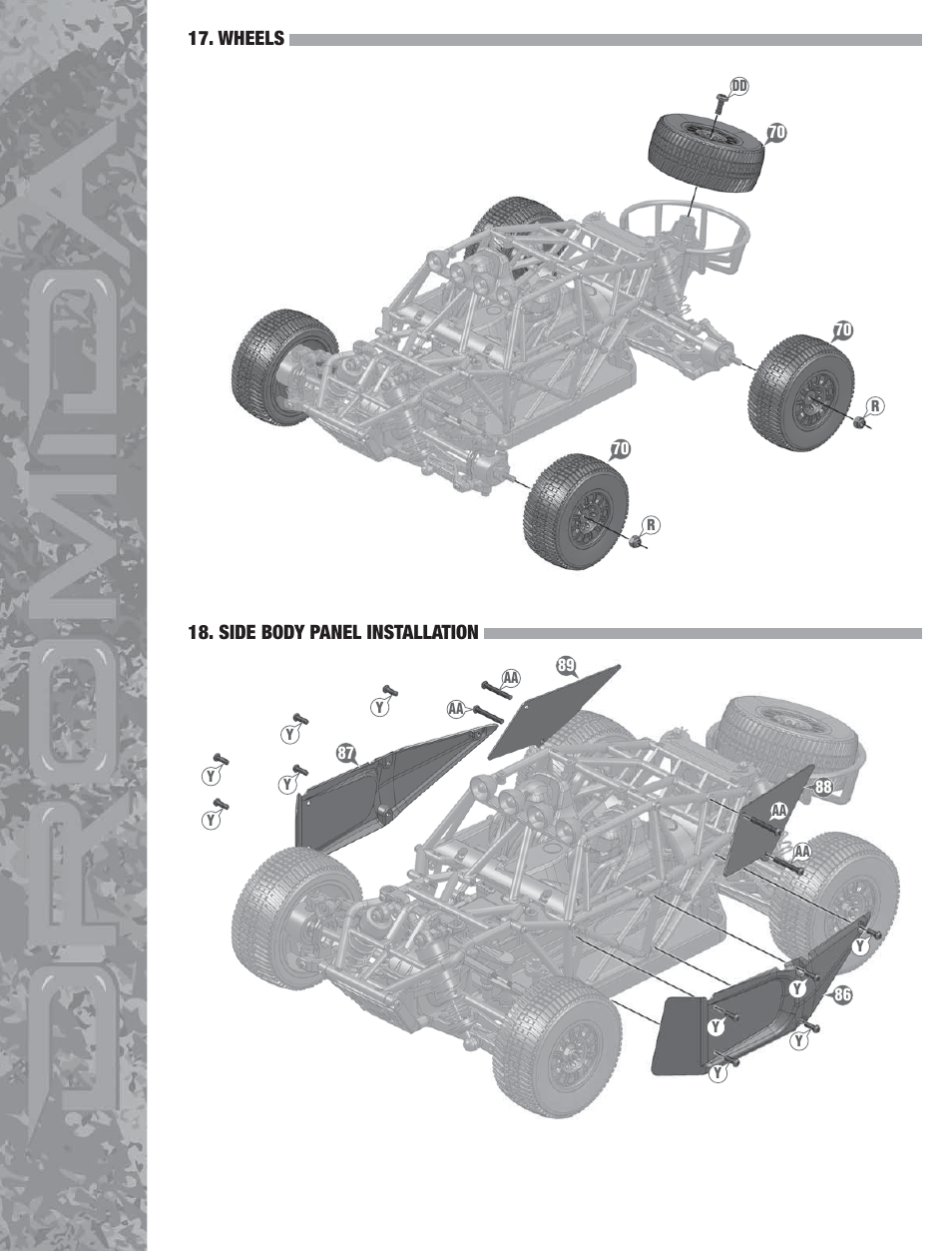 Side body panel installation, Wheels | Dromida DB4.18 Assembly Guide User Manual | Page 10 / 12