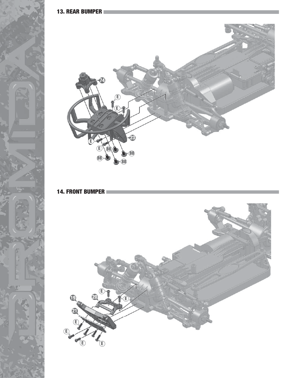 Rear bumper 14. front bumper | Dromida DB4.18 Assembly Guide User Manual | Page 8 / 12