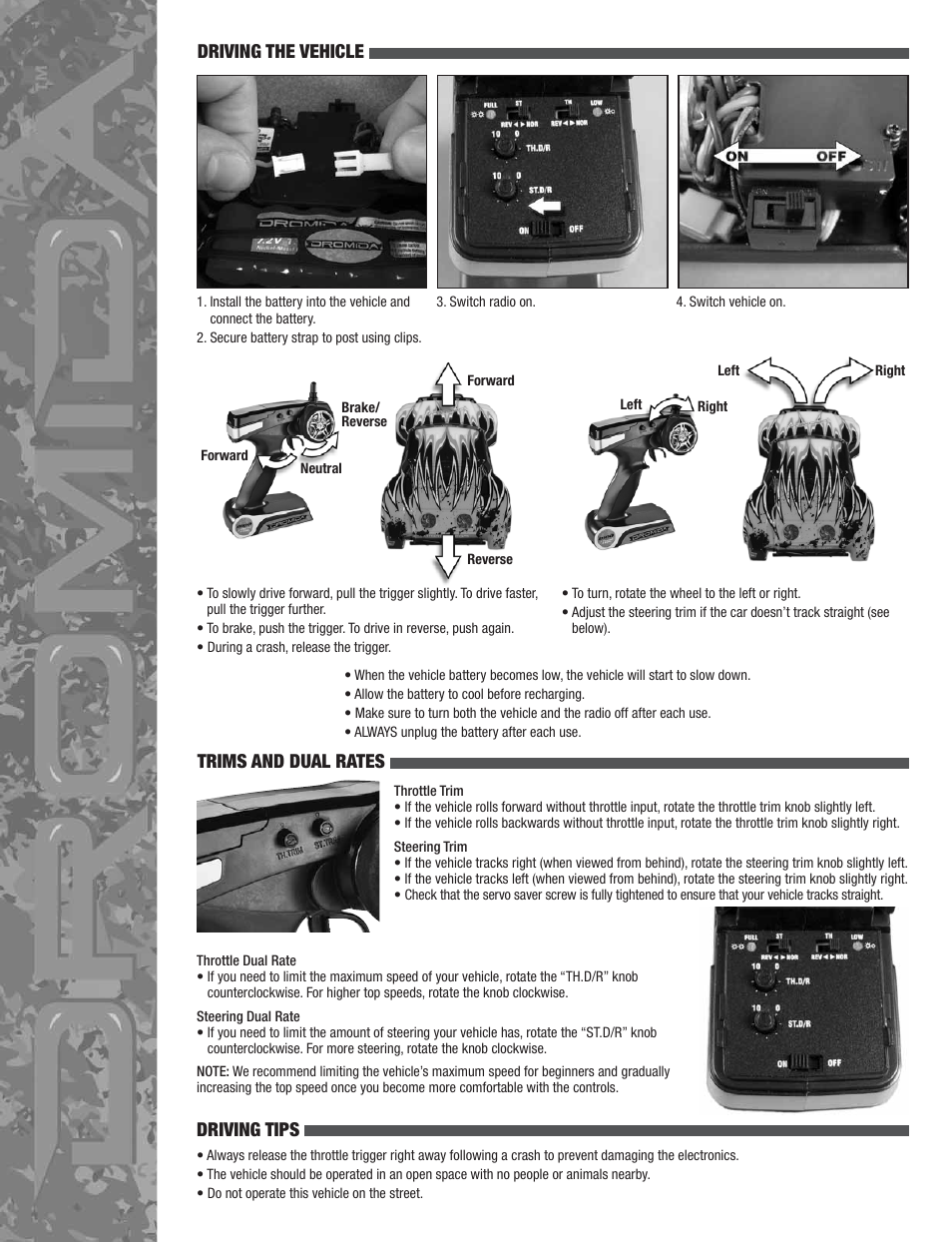 Trims and dual rates, Driving the vehicle, Driving tips | Dromida SC4.18 Manual User Manual | Page 3 / 4