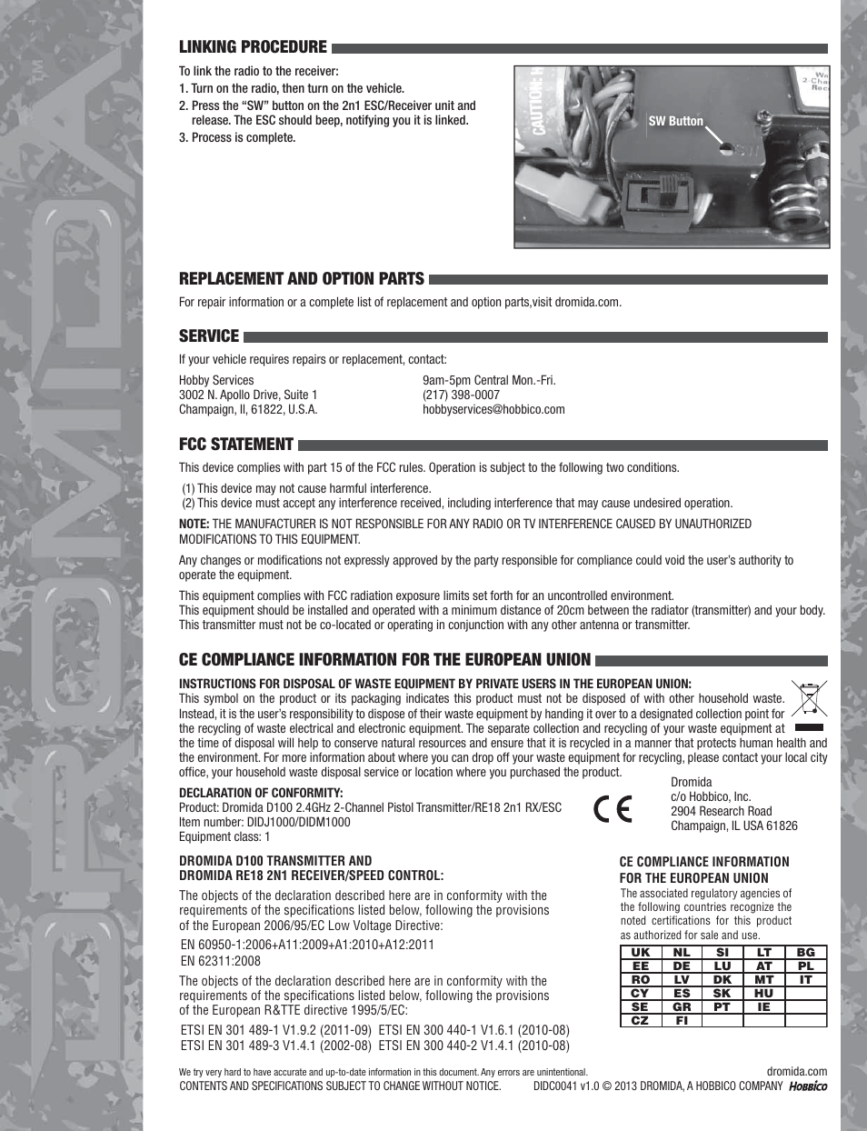 Replacement and option parts, Linking procedure, Service | Fcc statement, Ce compliance information for the european union | Dromida SC4.18 Manual User Manual | Page 4 / 4