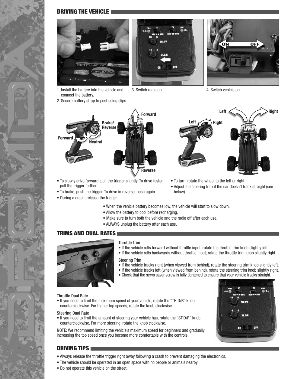Trims and dual rates, Driving the vehicle, Driving tips | Dromida MT4.18 Manual User Manual | Page 3 / 4