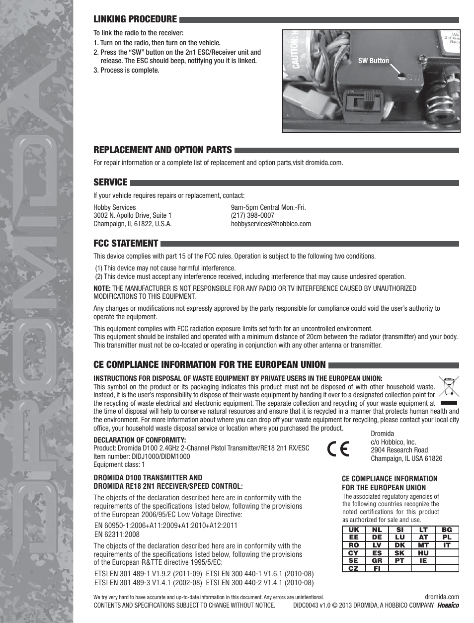Replacement and option parts, Linking procedure, Service | Fcc statement, Ce compliance information for the european union | Dromida BX4.18 Manual User Manual | Page 4 / 4