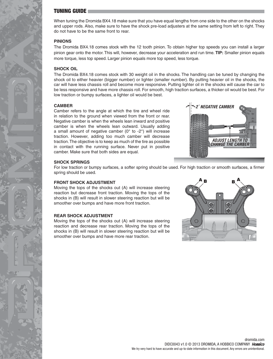 Tuning guide | Dromida BX4.18 Assembly Guide User Manual | Page 9 / 9