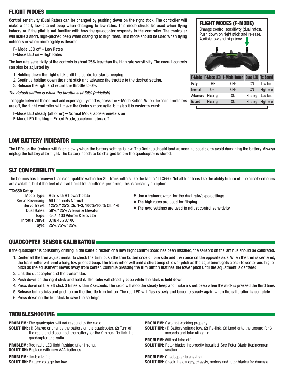Flight modes troubleshooting, Slt compatibility | Dromida Ominus Manual User Manual | Page 2 / 4