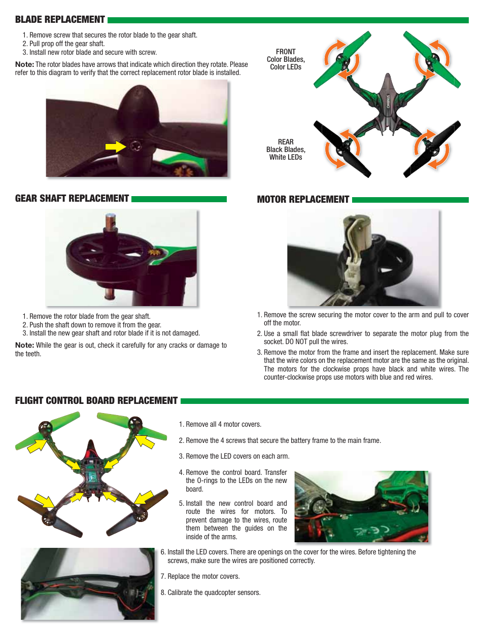 Gear shaft replacement, Motor replacement, Blade replacement | Flight control board replacement | Dromida Ominus Manual User Manual | Page 3 / 4