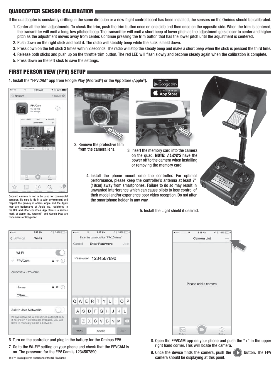 Quadcopter sensor calibration, First person view (fpv) setup | Dromida Ominus FPV User Manual | Page 3 / 8