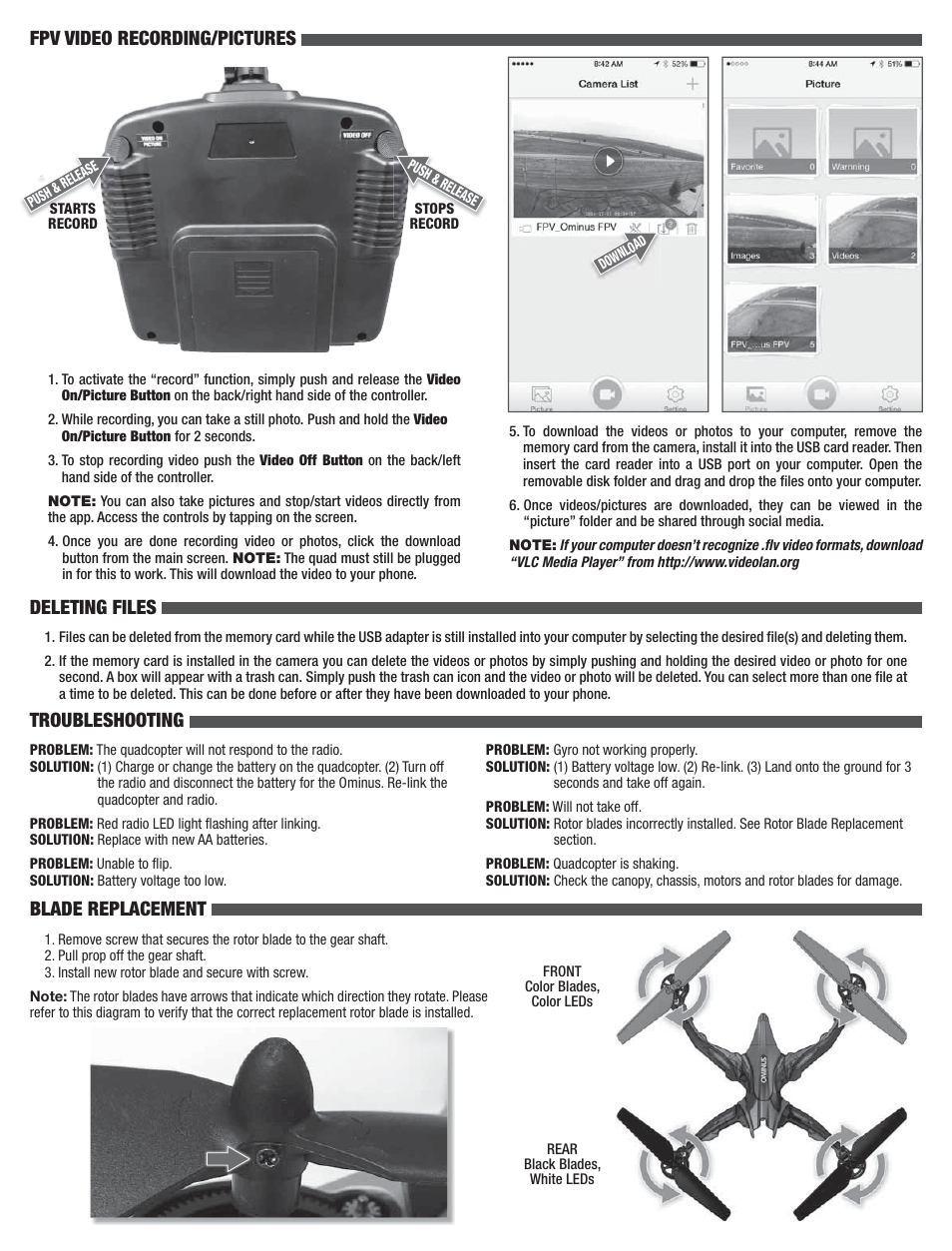 Blade replacement, Fpv video recording/pictures, Deleting files | Troubleshooting | Dromida Ominus FPV User Manual | Page 4 / 8