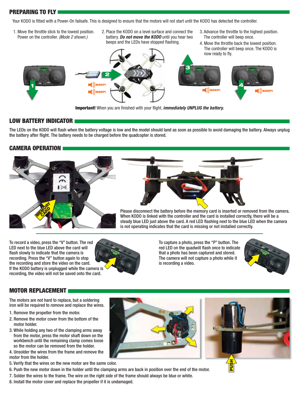 Low battery indicator, Motor replacement, Preparing to fly | Camera operation | Dromida Kodo Manual User Manual | Page 2 / 3