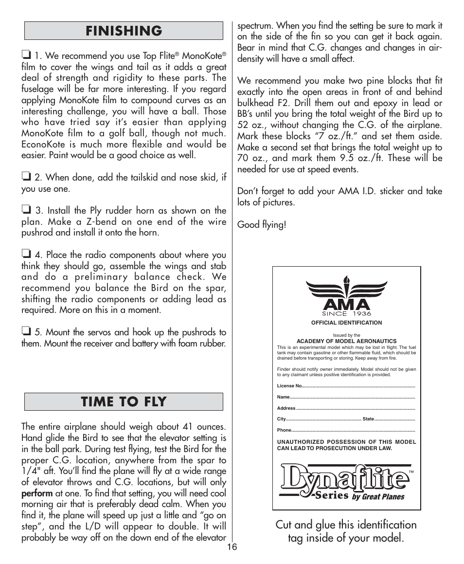 Finishing, Time to fly | Dynaflite GPMA0570 Bird of Time User Manual | Page 16 / 16