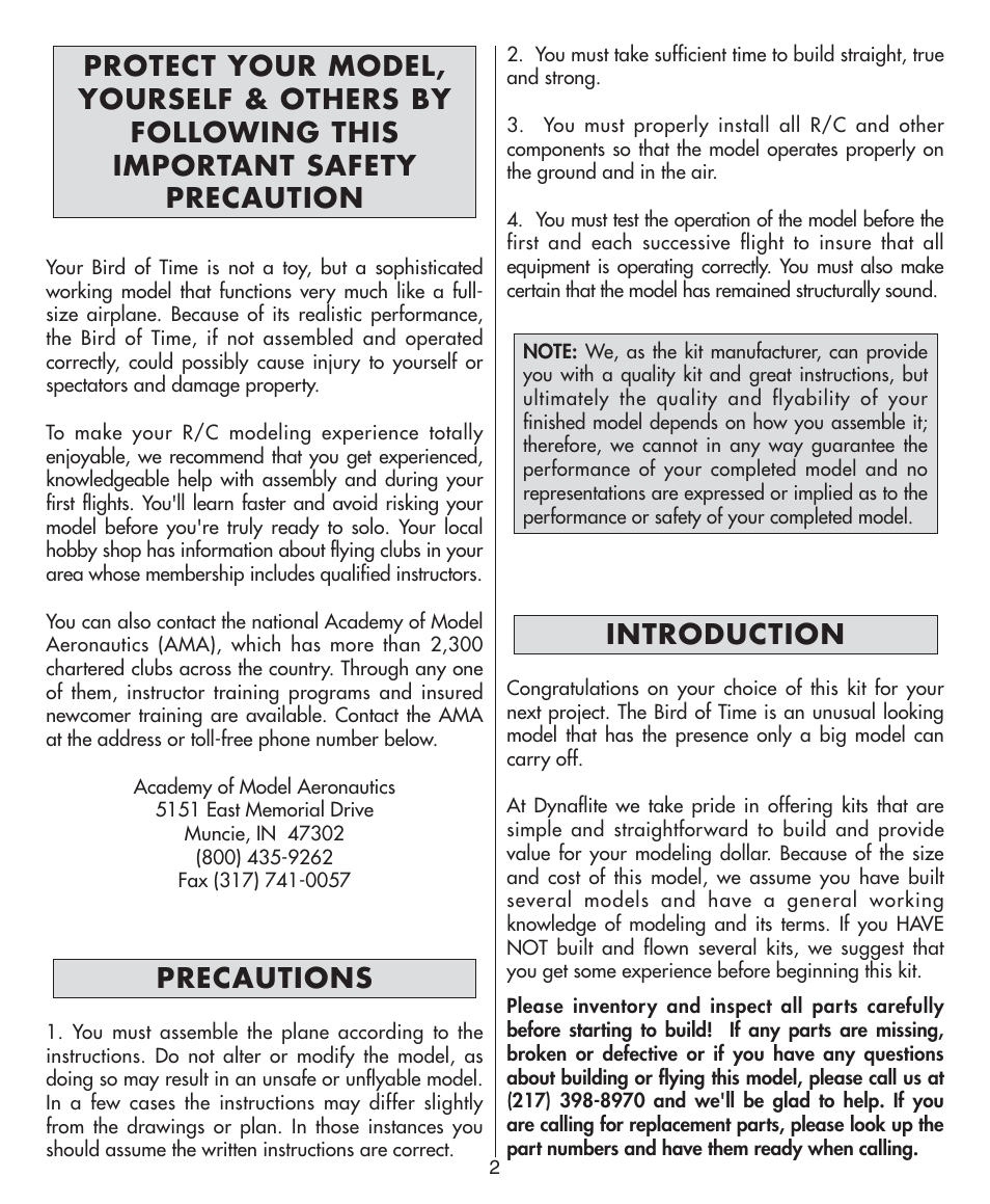 Precautions, Introduction | Dynaflite GPMA0570 Bird of Time User Manual | Page 2 / 16