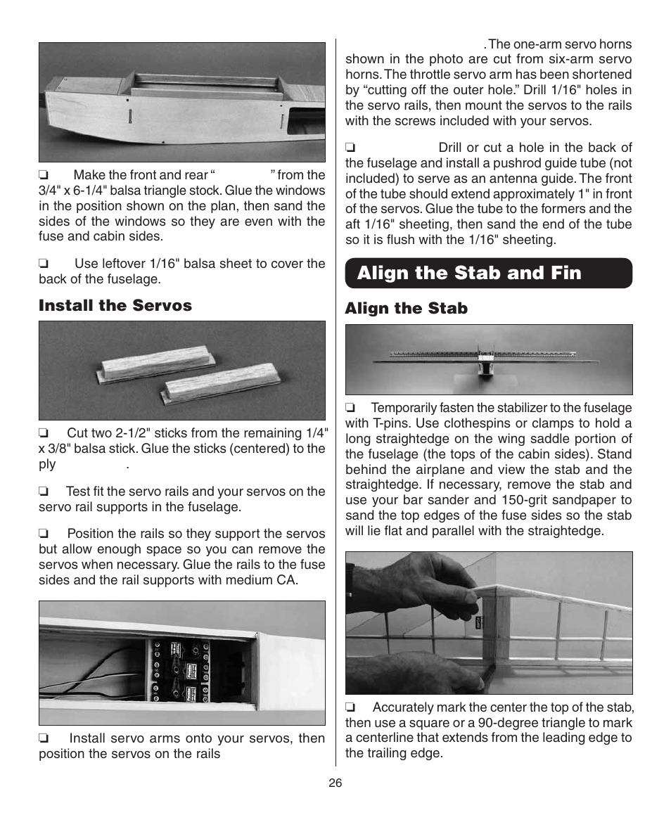 Align the stab and fin, Install the servos, Align the stab | Dynaflite GPMA0090 Butterfly User Manual | Page 26 / 40
