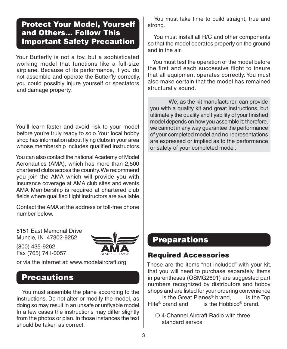 Precautions, Preparations, Required accessories | Dynaflite GPMA0090 Butterfly User Manual | Page 3 / 40