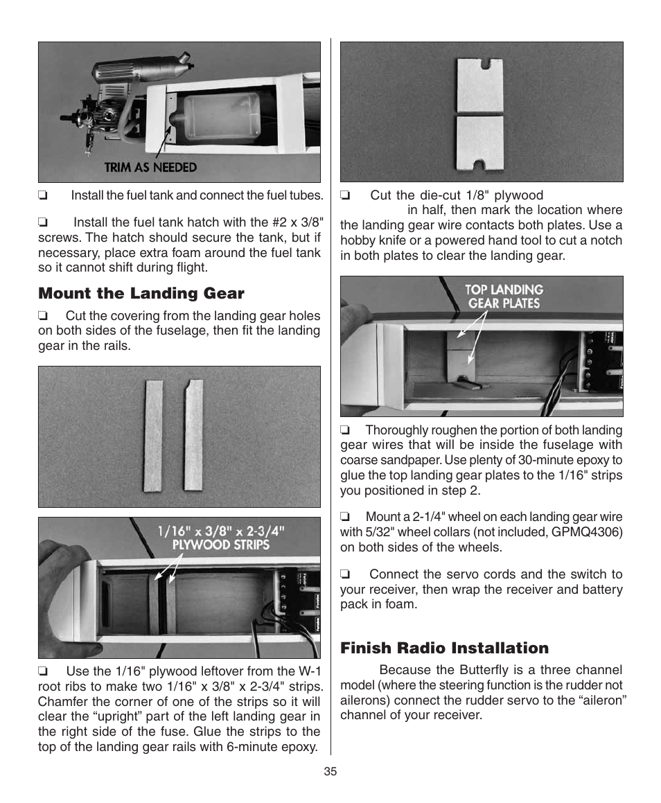 Mount the landing gear, Finish radio installation | Dynaflite GPMA0090 Butterfly User Manual | Page 35 / 40