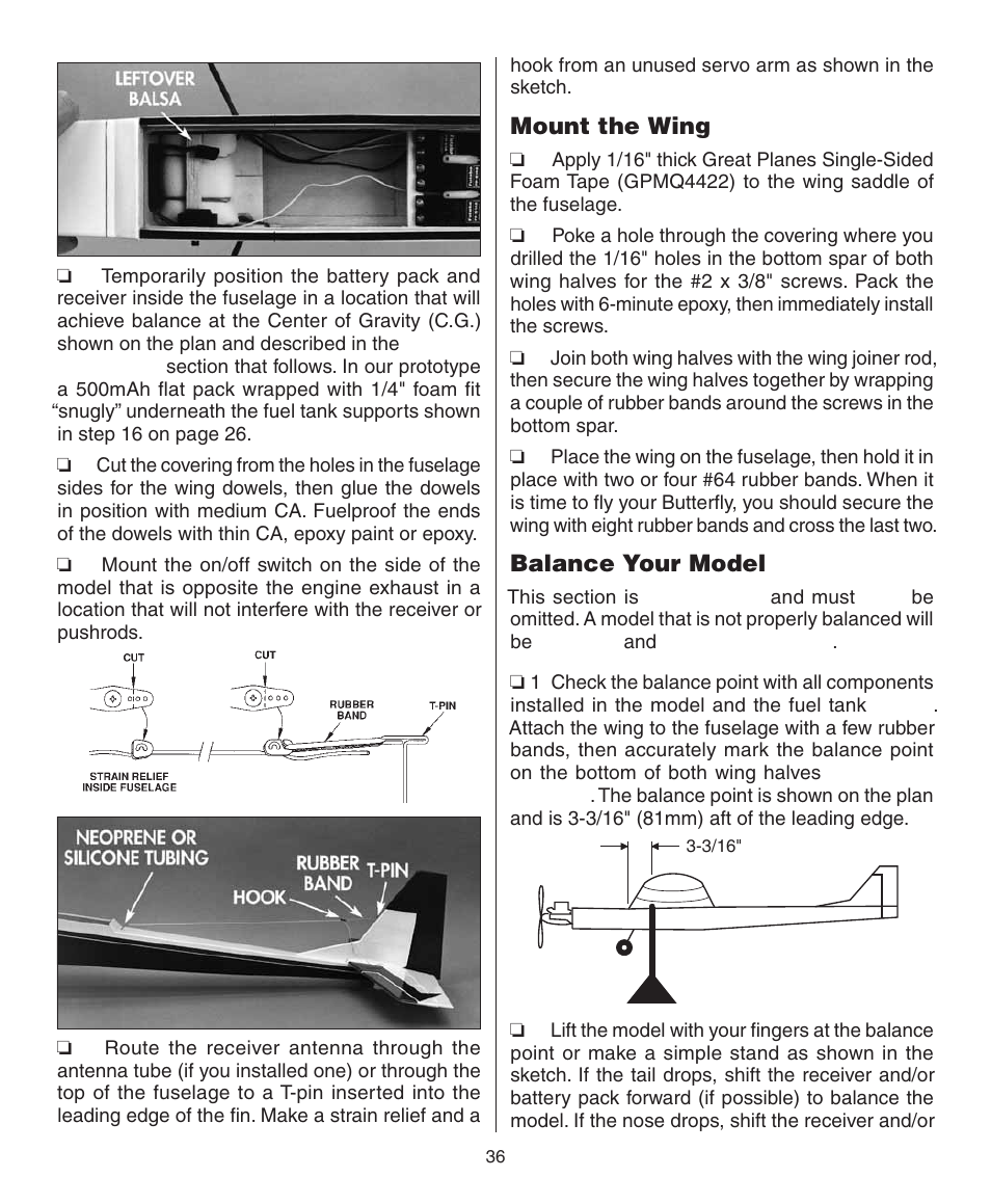 Mount the wing, Balance your model | Dynaflite GPMA0090 Butterfly User Manual | Page 36 / 40