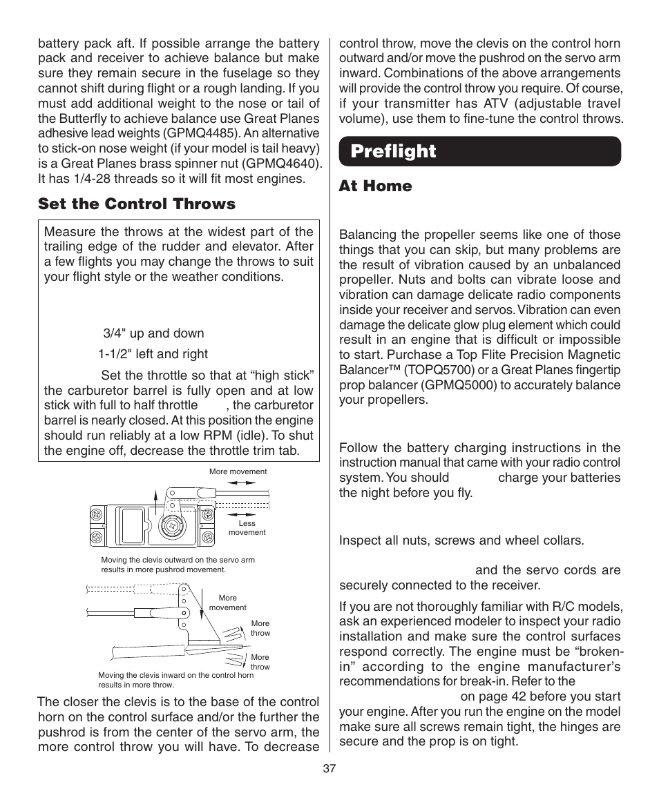 Preflight, Set the control throws, At home | Dynaflite GPMA0090 Butterfly User Manual | Page 37 / 40