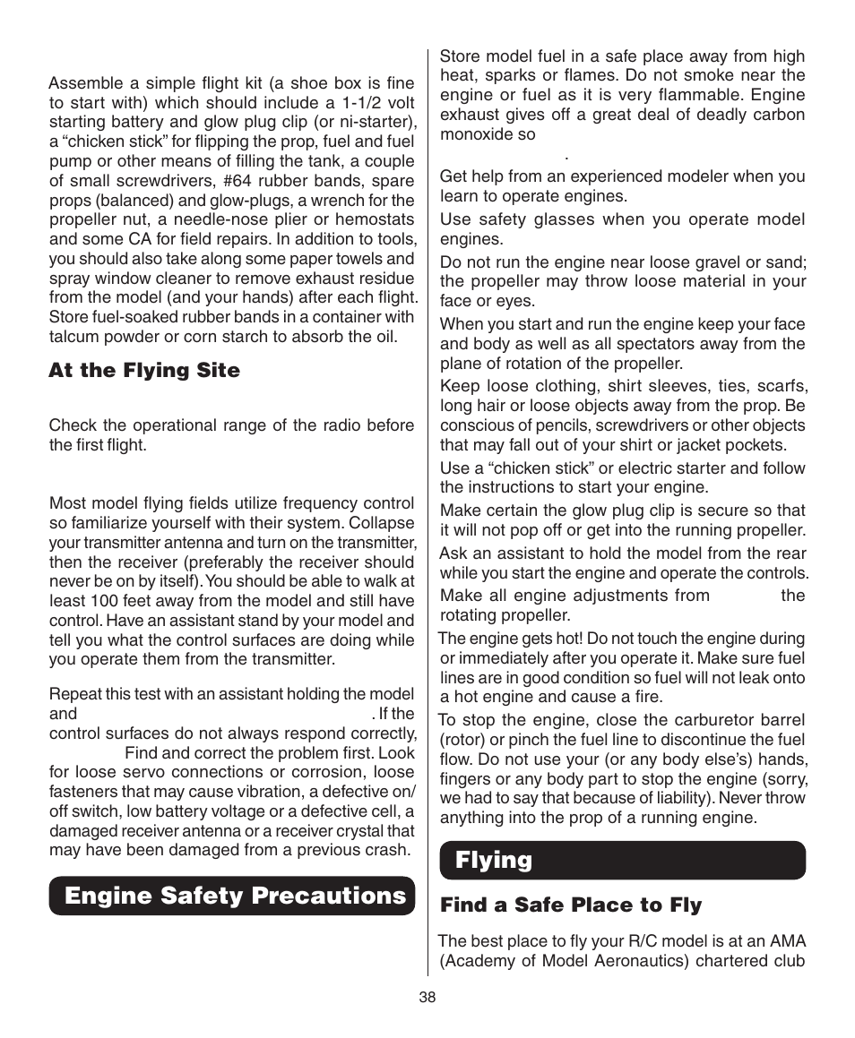 Engine safety precautions, Flying, At the flying site | Find a safe place to fly | Dynaflite GPMA0090 Butterfly User Manual | Page 38 / 40