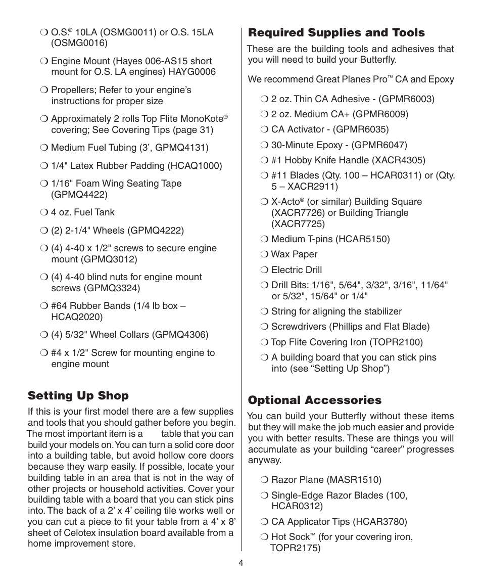 Setting up shop, Required supplies and tools, Optional accessories | Dynaflite GPMA0090 Butterfly User Manual | Page 4 / 40