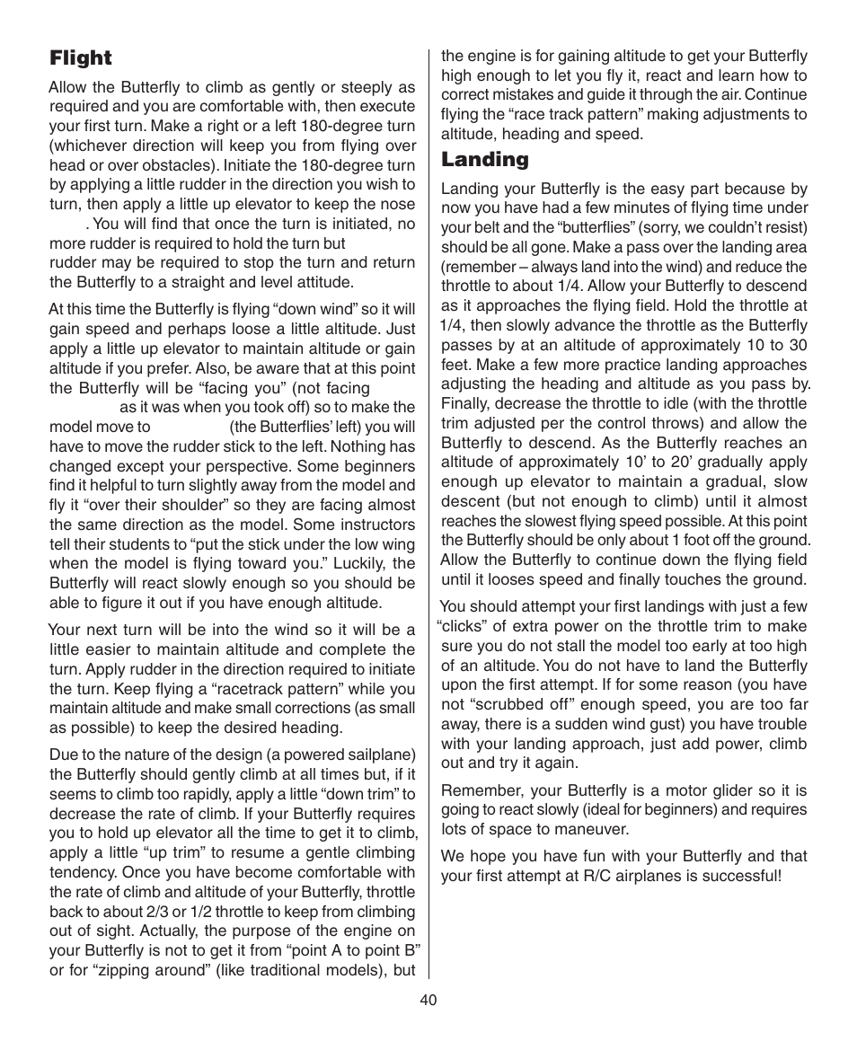 Flight, Landing | Dynaflite GPMA0090 Butterfly User Manual | Page 40 / 40