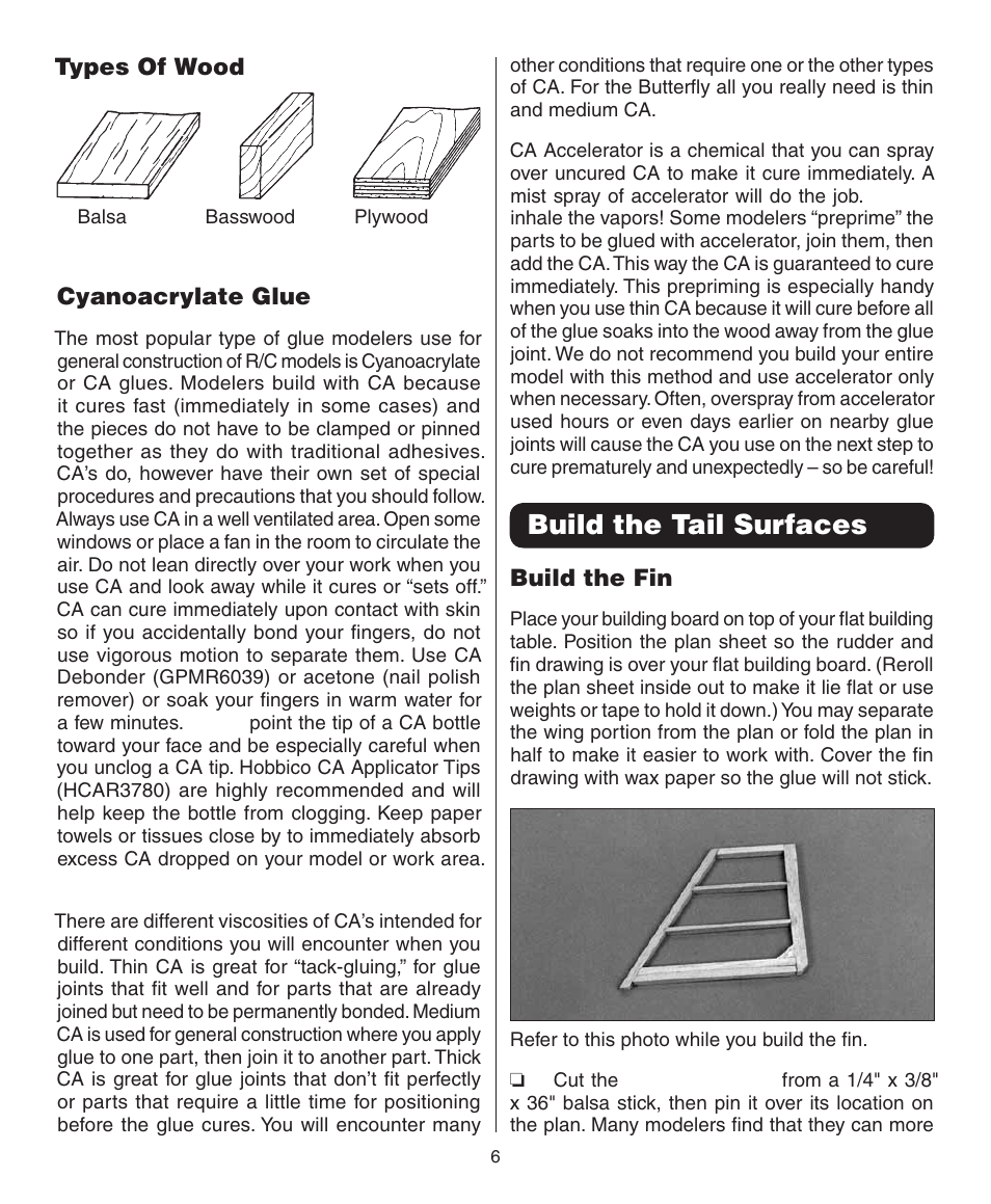 Build the tail surfaces, Types of wood, Cyanoacrylate glue | Build the fin | Dynaflite GPMA0090 Butterfly User Manual | Page 6 / 40