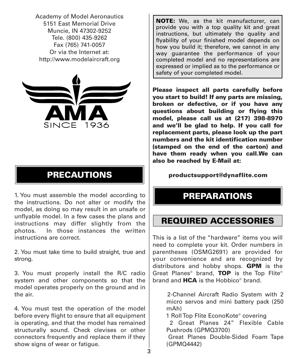 Required accessories preparations, Precautions | Dynaflite GPMA0525 User Manual | Page 3 / 24