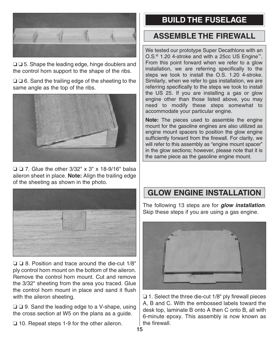 Build the fuselage assemble the firewall, Glow engine installation | Dynaflite GPMA0510 Super Decathlon User Manual | Page 15 / 36