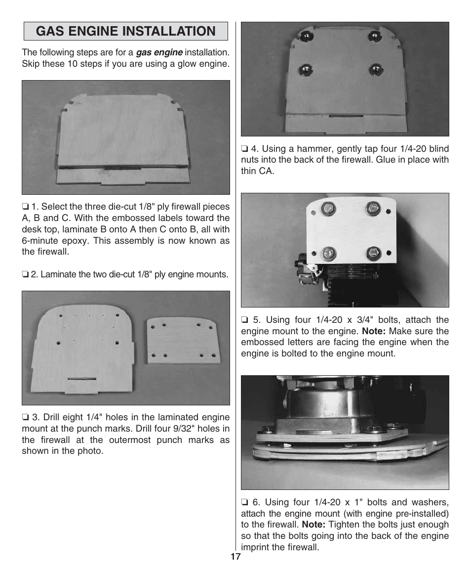 Gas engine installation | Dynaflite GPMA0510 Super Decathlon User Manual | Page 17 / 36