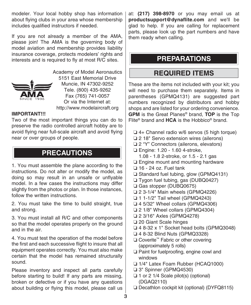Precautions, Preparations required items | Dynaflite GPMA0510 Super Decathlon User Manual | Page 3 / 36