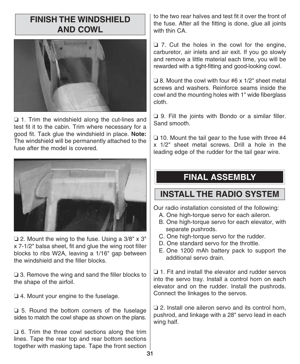 Finish the windshield and cowl, Final assembly install the radio system | Dynaflite GPMA0510 Super Decathlon User Manual | Page 31 / 36