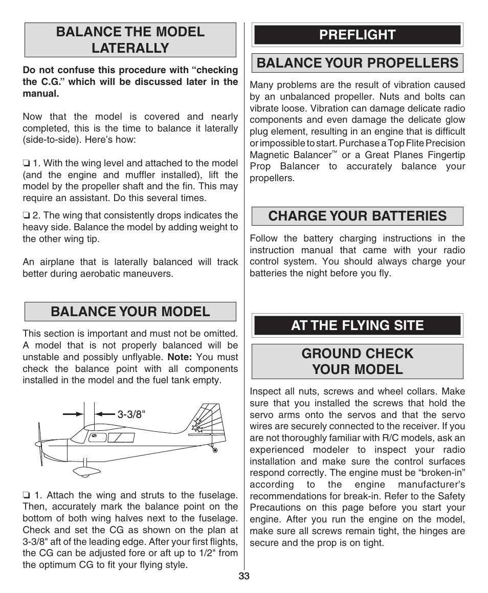 Balance the model laterally, Balance your model, Preflight balance your propellers | Charge your batteries, At the flying site ground check your model | Dynaflite GPMA0510 Super Decathlon User Manual | Page 33 / 36