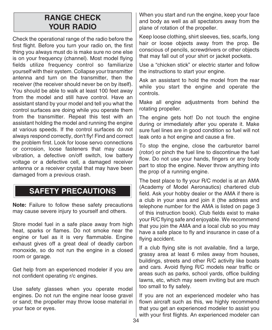 Range check your radio, Safety precautions | Dynaflite GPMA0510 Super Decathlon User Manual | Page 34 / 36