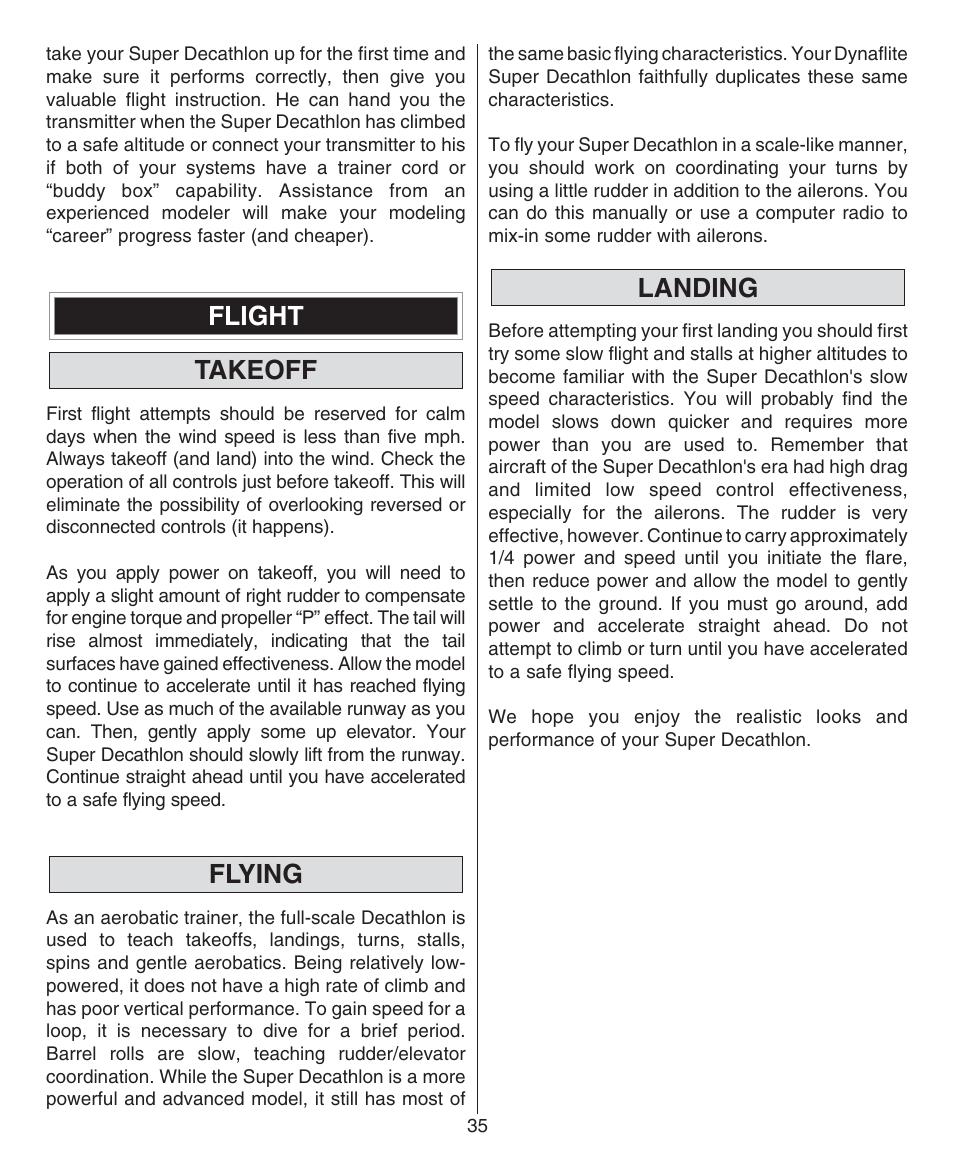 Flight takeoff, Flying, Landing | Dynaflite GPMA0510 Super Decathlon User Manual | Page 35 / 36